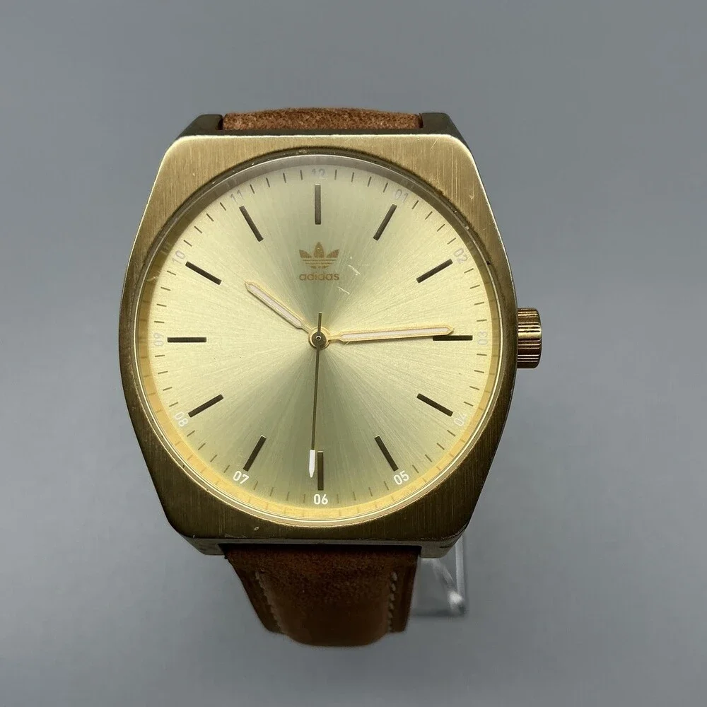 Adidas Process_L1 Mens Watch 38mm Gold Tone Dial Brown Leather New Battery